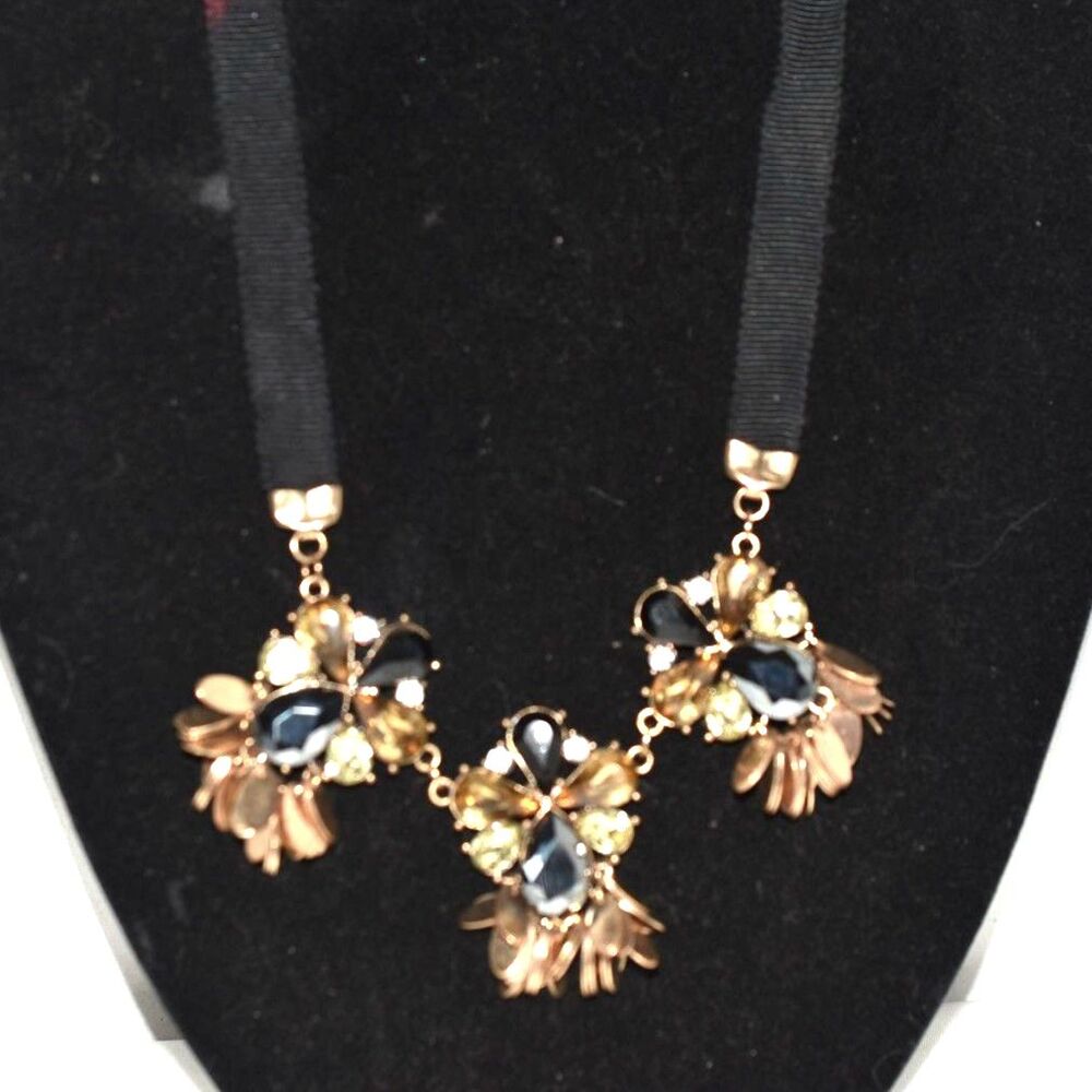 Gothic Black/Clear/Amber Crystal Clusters Gold Tone Dangles Black 14" Necklace